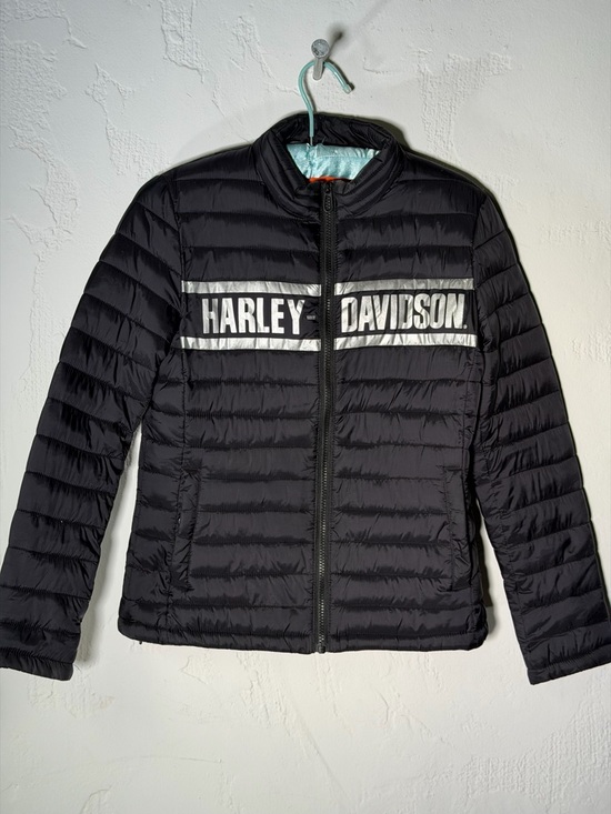 Harley-Davidson Black Puffer Jacket with White Logo Stripe XS - Picture 2 of 16